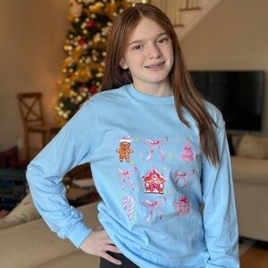 Coquette Christmas Holiday Blue Long Sleeve Tee with Pink Accents